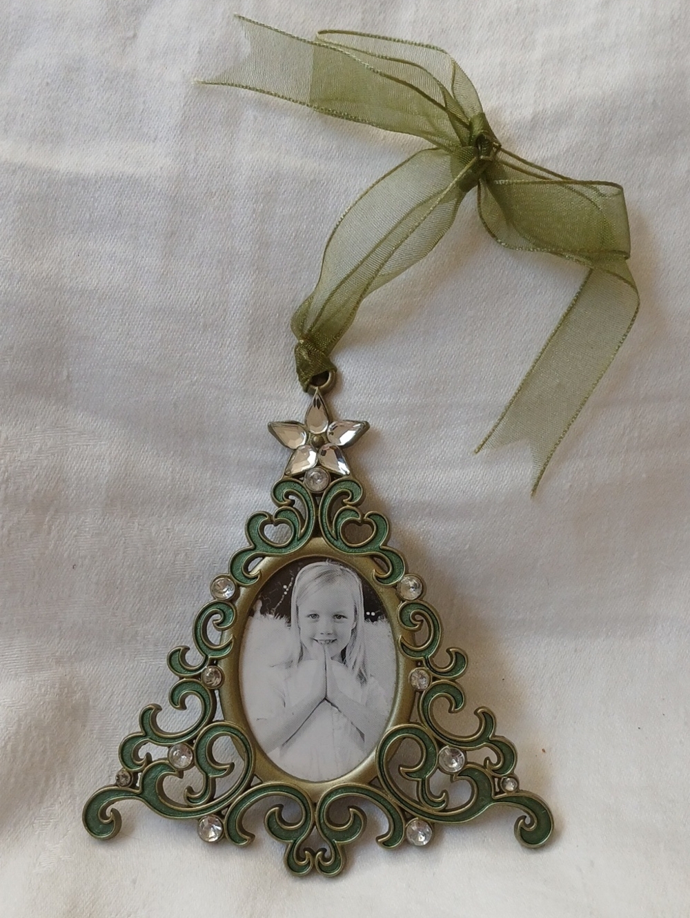 AARON BROTHERS Jeweled Scroll Green Christmas Tree Picture Frame Ornament 4"